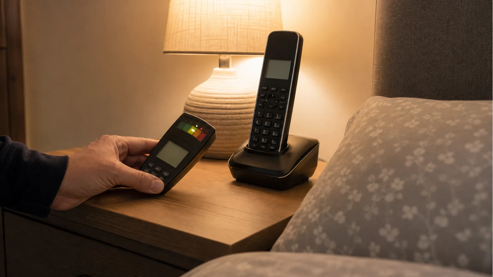 Checking RF near a DECT cordless phone base on a UK bedside table