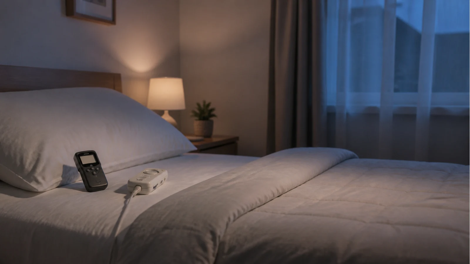 Handheld EMF meter on a UK bedroom pillow beside an electric blanket control switched off