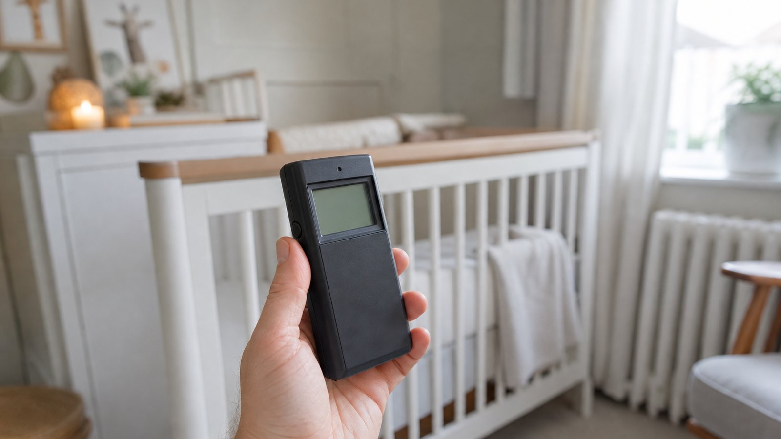 handheld EMF meter in a clean UK lifestyle scene