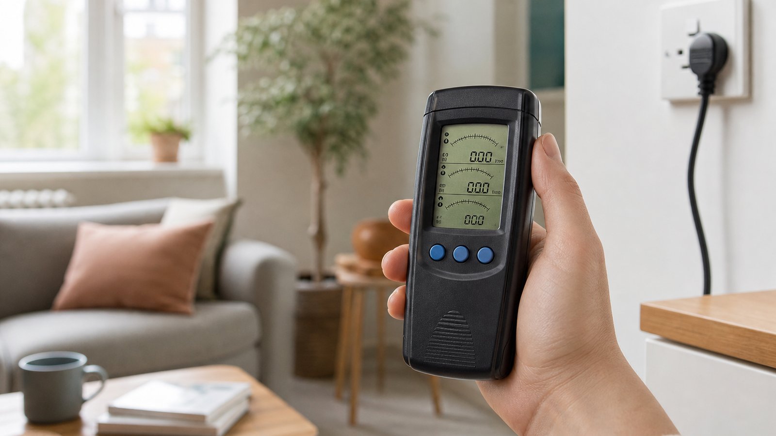 handheld EMF meter in a clean UK lifestyle scene