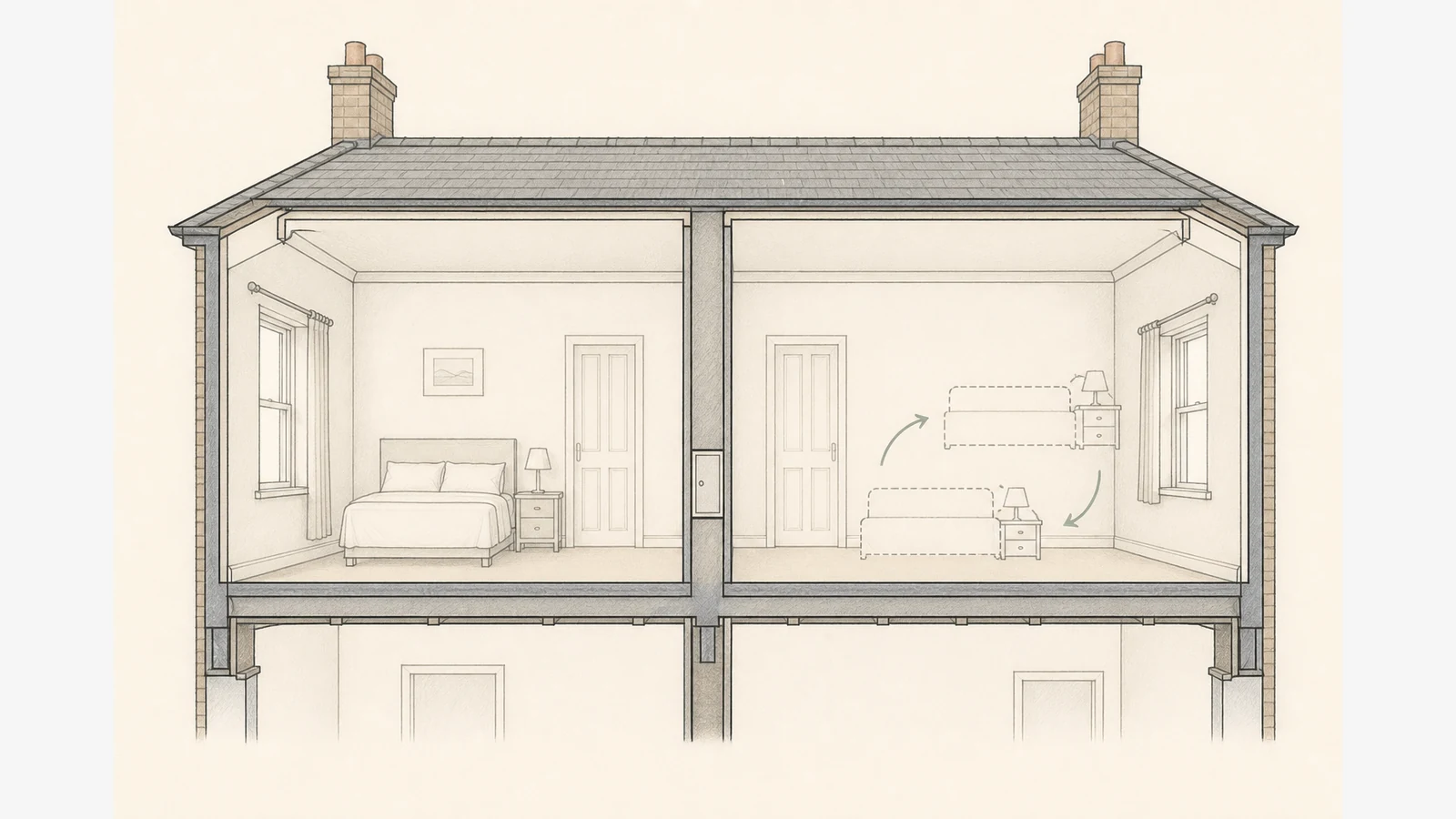 Diagram of party-wall bedroom with smart meter cupboard and alternate bed positions