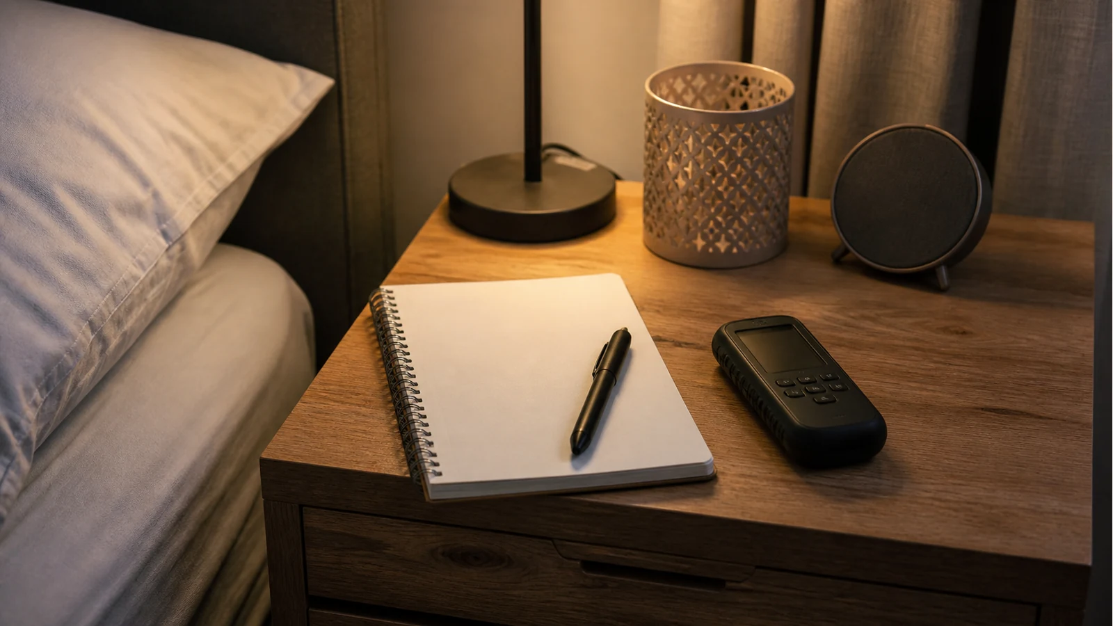 Seven-night bedroom EMF log notebook beside a handheld meter on a UK nightstand