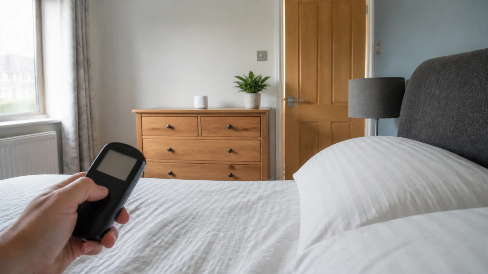 RF check at a UK pillow with a Wi-Fi mesh node across the bedroom