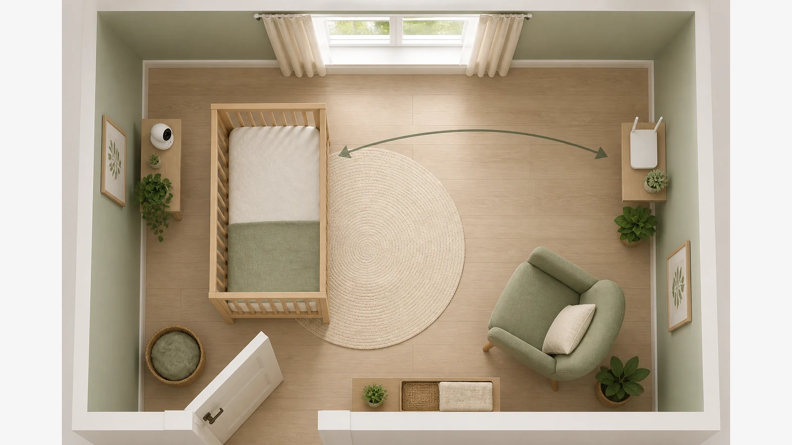 Nursery layout diagram with cot, baby monitor, and Wi-Fi router spacing marks